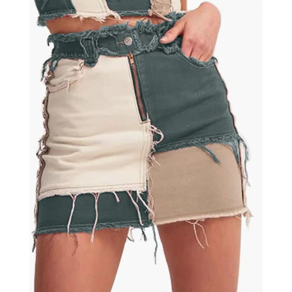 Sexy Green Colorblock Patchwork Denim Distressed Ripped Mini Bodycon Jean Skirt - Picture 2 of 6